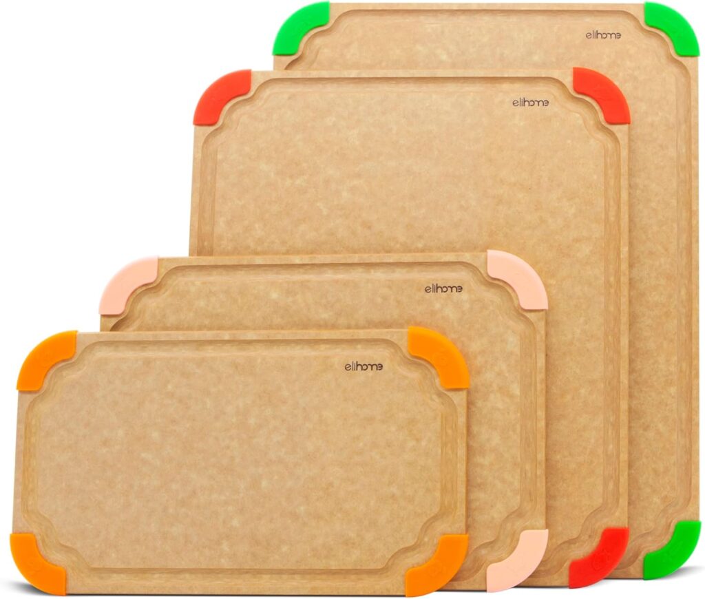 Elihome Cutting Wise 4pcs Kitchen Cutting Board Set, Non Slip Feet, Color Coded with Food Icon, Natural Wood Fiber, Dishwasher Safe, Eco-Friendly, Juice Grooves,Non Porous, BPA Free, Made in USA