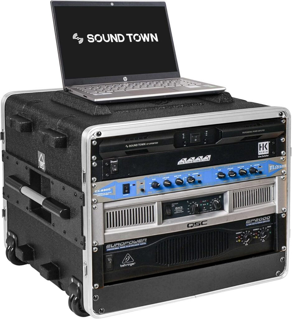 Sound Town Lightweight 8U PA DJ Rack/Road Case with 7U Rack Space, ABS Construction, 19” Depth, Retractable Handle, Wheels and Heavy-Duty Latches (STRC-A8UT)