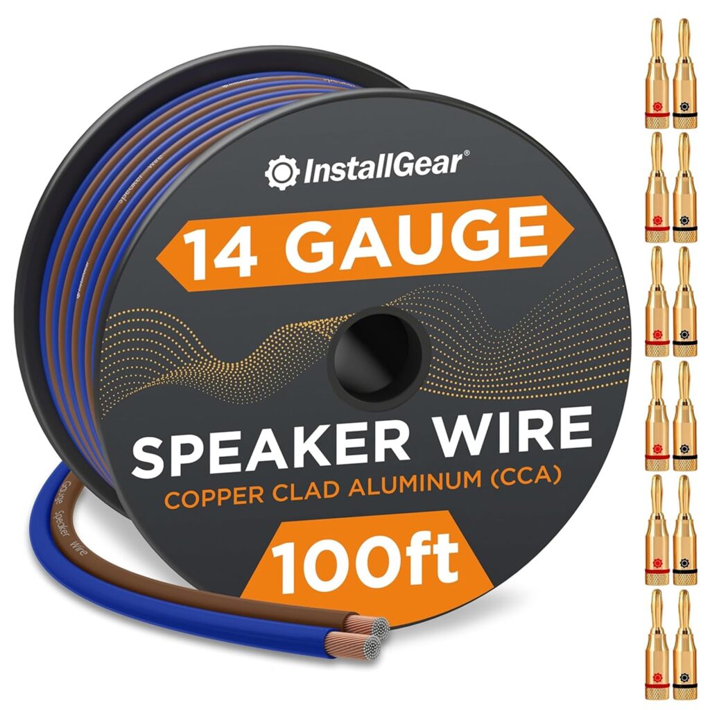 InstallGear 100ft 14 Gauge Speaker Wire with 12 Banana Plugs – Copper Clad Aluminum Cable for Clear Audio Sound – Easy-Install Car Speaker Wire and Home Theater Setup with Blue Black Jacket