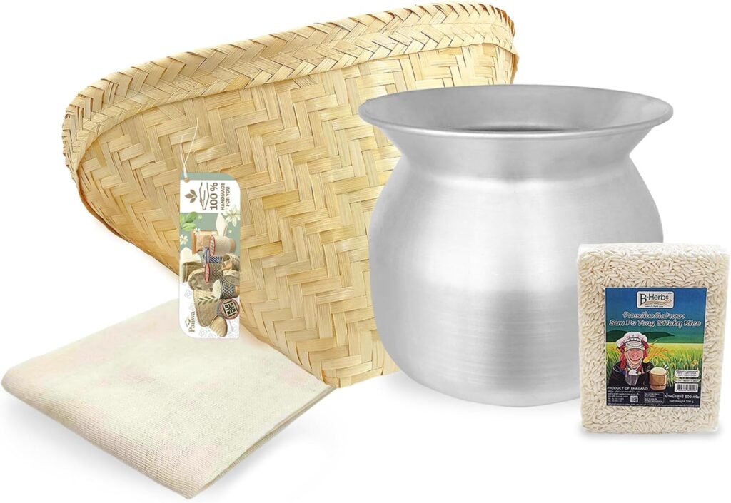 Sticky Rice Essential Starter Set – Includes Steamer Pot, Handcrafted Bamboo Wing Basket, 24” Grade 90 Cheesecloth, & 500 g. Sanpatong Sticky Rice