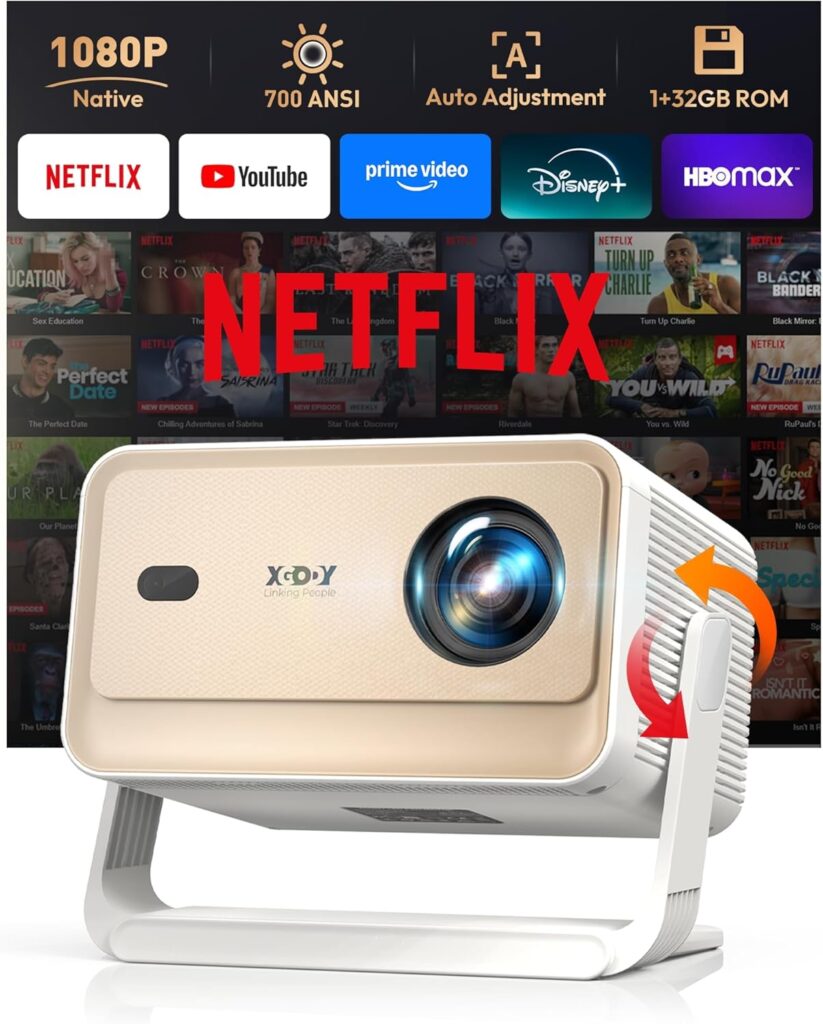 Xgody Netflix Certified Native 1080P Full HD Projector 700ANSI High Brightness, 4-Way Auto-Aligning & Voice Controlled Gimbal N6 PRO Smart Projector, WiFi 6, Bluetooth 5.4, Perfect for Bedroom
