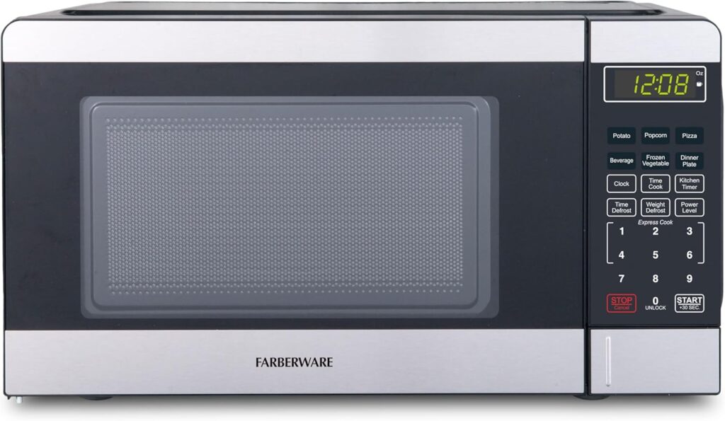 Farberware 0.7 Cu. Ft. Countertop Microwave Oven – 700 Watts Power, Auto Cook Settings, Defrost, Easy Clean and Child Safety Lock – Stainless and Black
