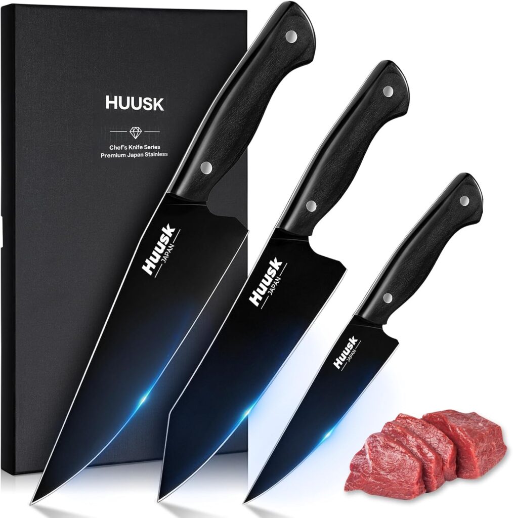 Huusk Japanese Chef Knife Set for Kitchen – 3 pcs Black Kitchen Knife Set with Titanium Coating, Stainless Cutting Knives Sets, Professional Cooking Knives for Vegetable Fruit Meat, Fathers Day Gift