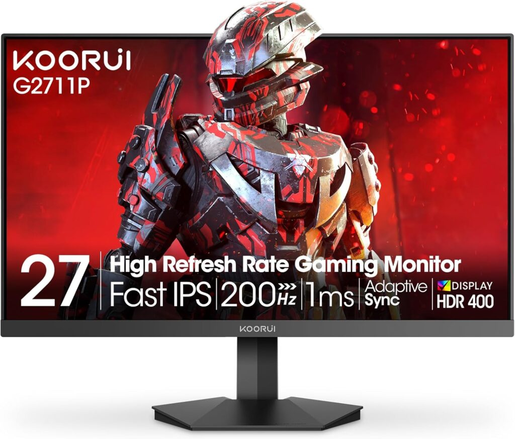 KOORUI 27 Inch Gaming Monitor 200Hz FHD (1920×1080) HDR400, 1ms Fast IPS, 90% DCI-P3, Adaptive-Sync, HDMI 2.0, DP 1.4, VESA Mount, Tilt Adjustable, G2711P
