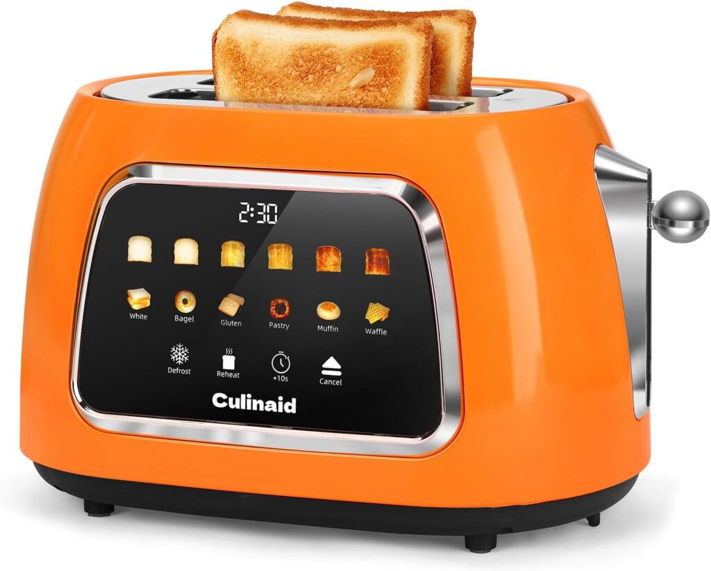 Toaster 2 Slice Smart Touch Screen, Retro 1.5” Extra Wide Slot Stainless Steel Digital Bread Toaster with Memory Function, Bagel, Defrost, 6 Browning Level and Removable Crumb Tray, Orange