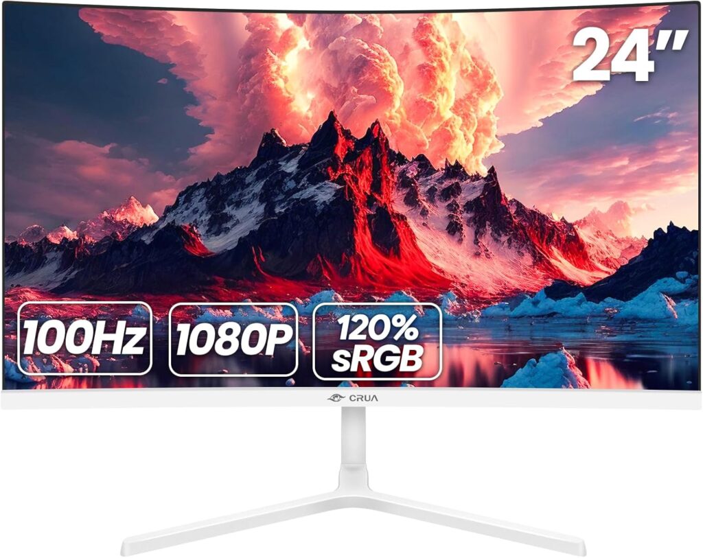 CRUA 24 Inch Curved Monitor, FHD(1920×1080P) 100HZ 120% sRGB Computer Monitors, Narrow Bezels on Three Sides, Blue Light Filter PC Monitor for Home, Office and Dormitory(HDMI, VGA)-White