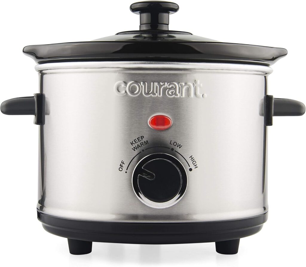 Courant Small Slow Cooker 1.6 QT, 3 Heat Settings, Removable Ceramic Pot” Easy Clean, Dishwasher Safe, Mini Slow Cooker, Stainless Steel