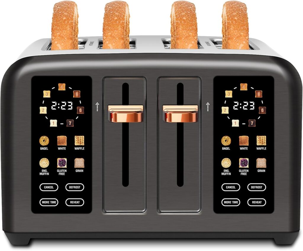 SEEDEEM Toaster 4 Slice, Stainless Steel, Touch Screen for Dual Control, Digital Timer, Smart Toaster with 6 Bread Type, 7 Shade Setting, 1.5”Wide Slot, Removable Crumb Tray, 1800W, Dark Metallic