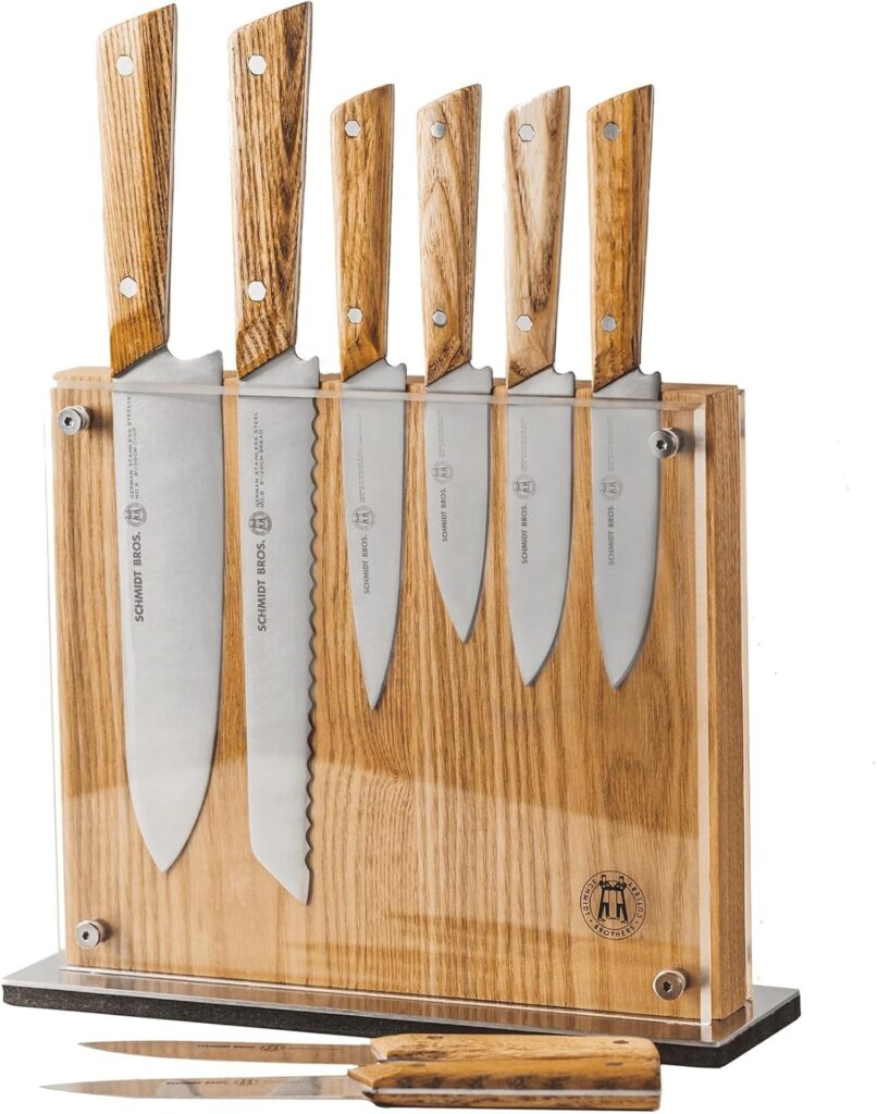 Schmidt Brothers – 9-Piece Natural White Oak Hex Knife Set, High-Carbon Stainless Steel Cutlery with Natural White Oak and Acrylic Magnetic Knife Block
