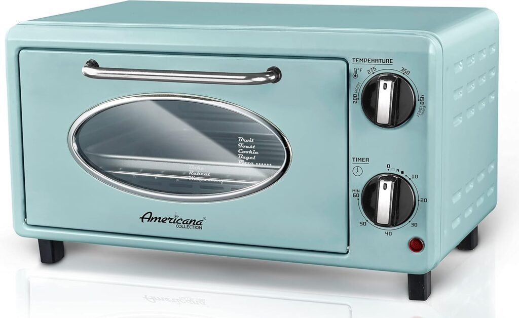 Elite Gourmet by Maximatic Americana Collection ETO147M Diner 50’s Retro Countertop Toaster oven, Bake, Toast, Fits 8” Pizza, Temperature Control & Adjustable 60-Minute Timer 1000W, 2 Slice, Mint