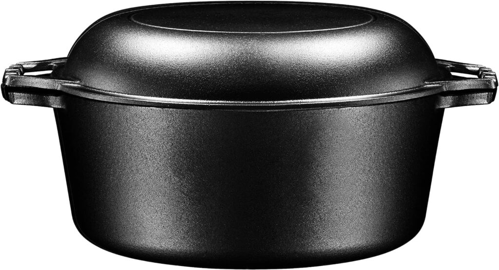 Bruntmor Pre-Seasoned Cast Iron Double Dutch Oven with Skillet Lid – 7 Quart All-in-One Casserole and Braising Pan – Heavy Duty and Oven Safe Black Cookware for Versatile Cooking – 14.7 x 6.9 Inches