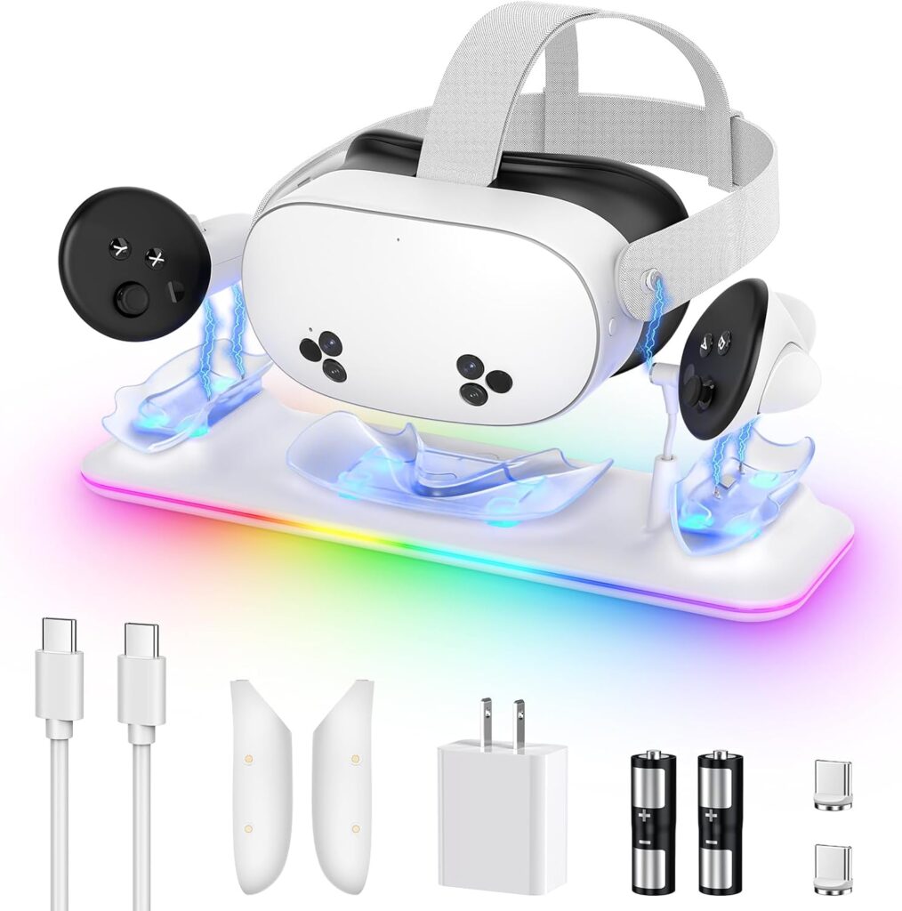 Charging Dock for Meta Quest 3S/Quest 3, Kinwin PD 18W Fast Charging Station for Oculus 3S Accessories with RGB Light, Magnetic Charger Stand for Headset/Controller with 2 Rechargeable Batteries