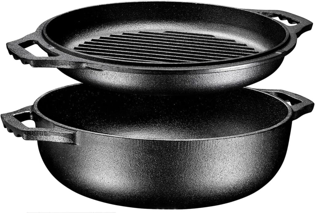 Bruntmor 2-in-1 Pre-Seasoned Cast Iron Dutch Oven with Dual Handles, Cocotte Double Braiser Pan with Grill Lid 3.3 Quarts – BBQ Grill, Fryer – Outdoor Cookware Set with Dual Handles, Camping,- Black