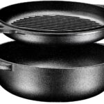 Bruntmor 2-in-1 Pre-Seasoned Cast Iron Dutch Oven with Dual Handles, Cocotte Double Braiser Pan with Grill Lid 3.3 Quarts – BBQ Grill, Fryer – Outdoor Cookware Set with Dual Handles, Camping,- Black