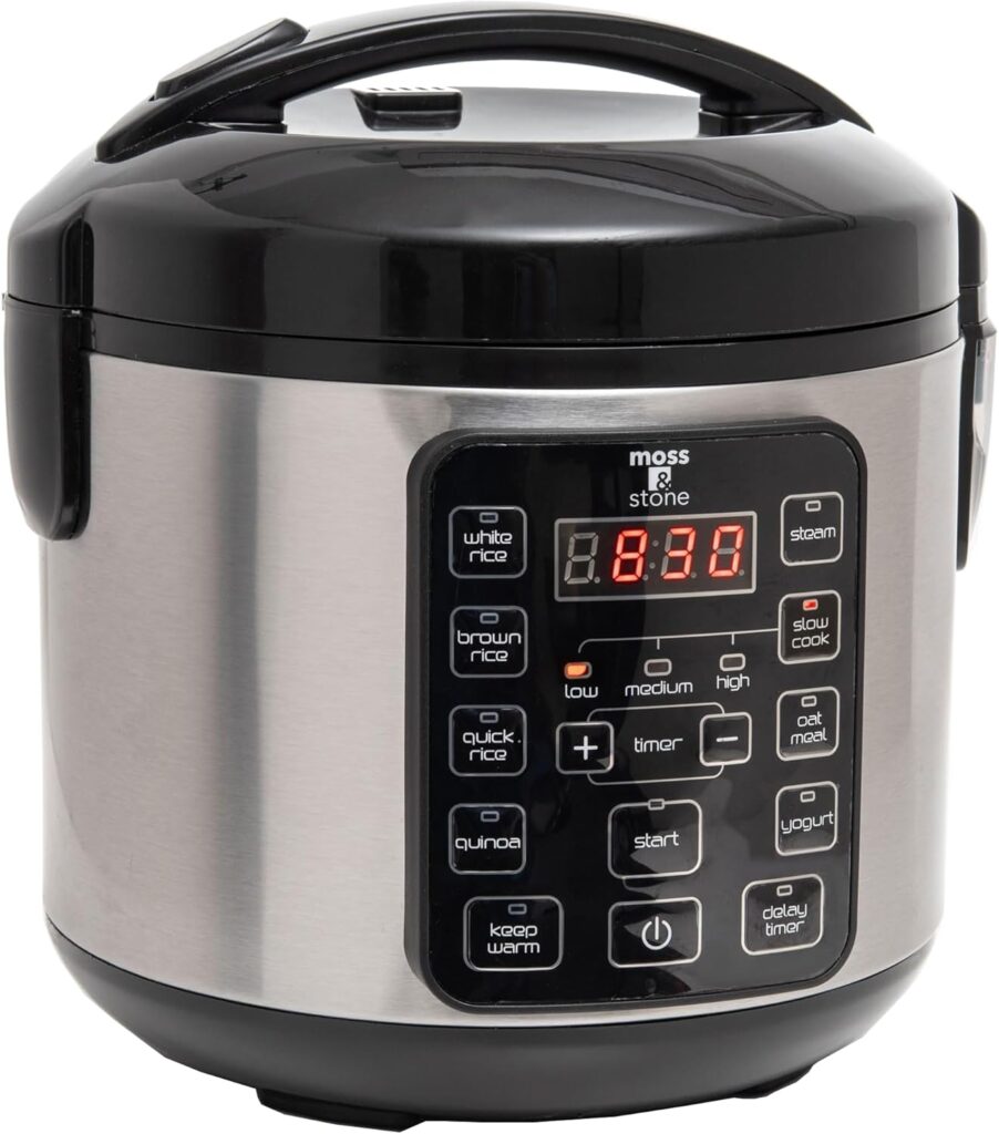 Moss & Stone – Small Digital Electric Rice Cooker, 4-8 Cups, 10 Preset Settings, Brown and White Rice Steamer, Slow Cooker with Steamer for Vegetables, Pot