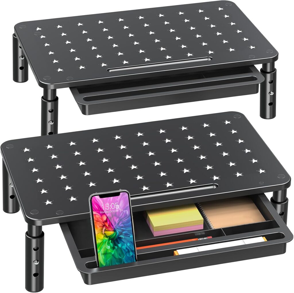 Zimilar 2 Pack Monitor Stand Riser with Drawer – 3 Height Adjustable Metal Monitor Stand with Unique Star Mesh for Computer Laptop Notebook Printer