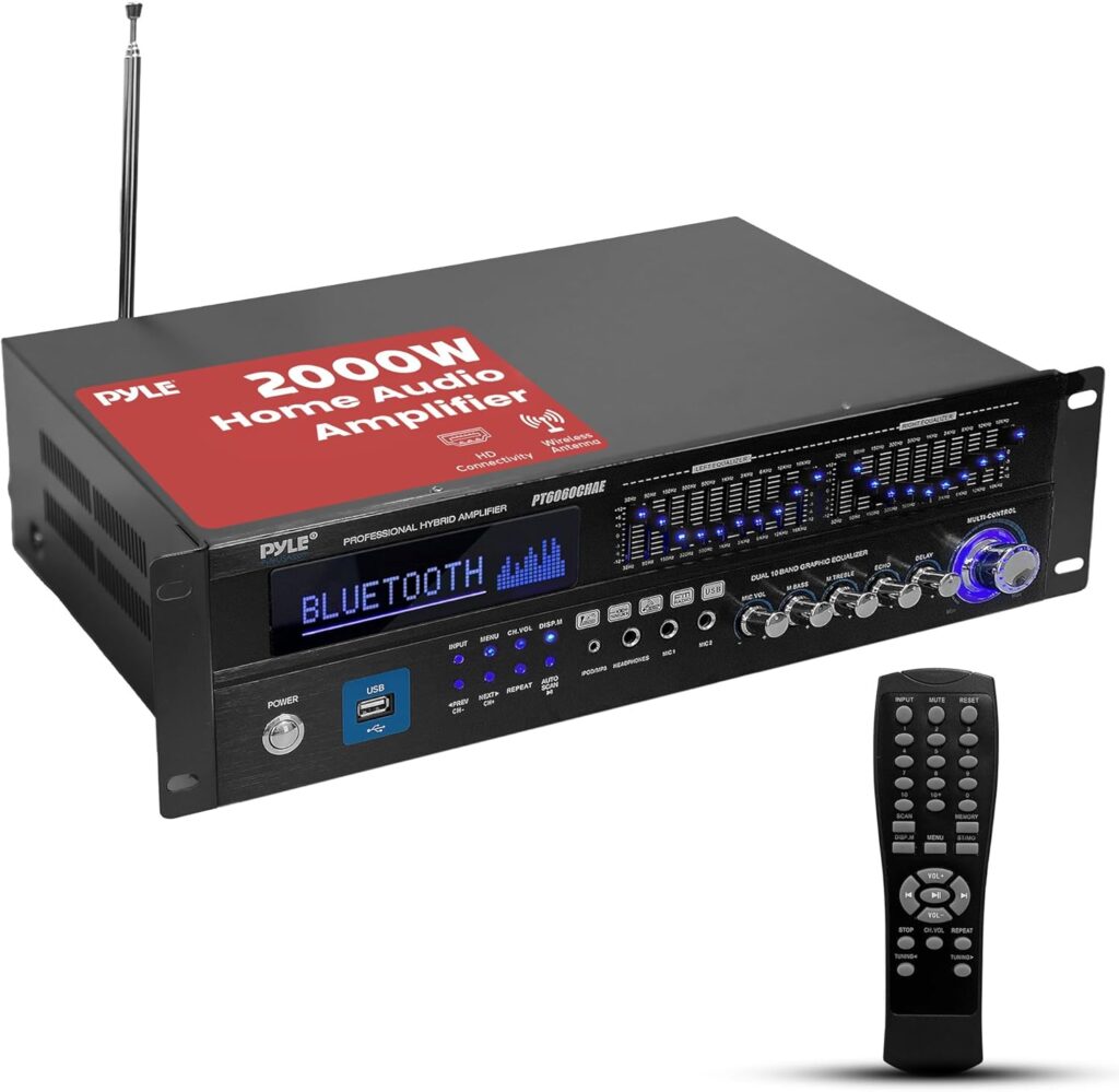 Pyle Bluetooth Hybrid Home Amplifier – 6-Channel 2000W Home Audio Rack Mount Stereo Power Amplifier Receiver w/ Radio, USB/AUX/RCA/Mic, Optical/Coaxial, AC-3, DVD Inputs, Dual 10 Band EQ – PT6060CHAE