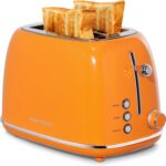 Roter Mond 2 Slice Toaster Retro Stainless Steel with Bagel, Cancel, and Defrost Functions, 6 Bread Shade Settings, Extra Wide Slots and Removable Crumb Tray, Orange