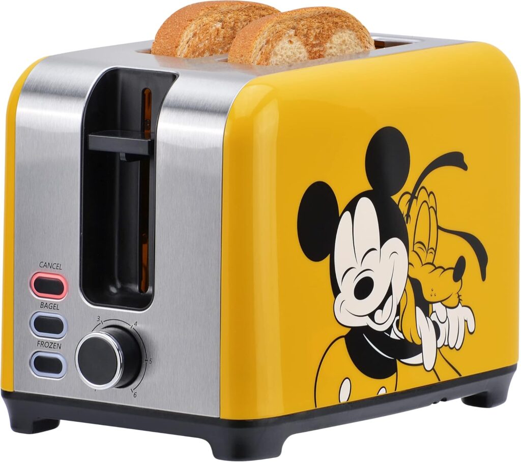 Disney Mickey & Pluto 2-Slice Toaster by Select Brands – Fast Toaster with Wide Slots, Toast Lift & Crumb Tray – Kitchen Essential for Sandwich Bread, Breakfast & Bagels