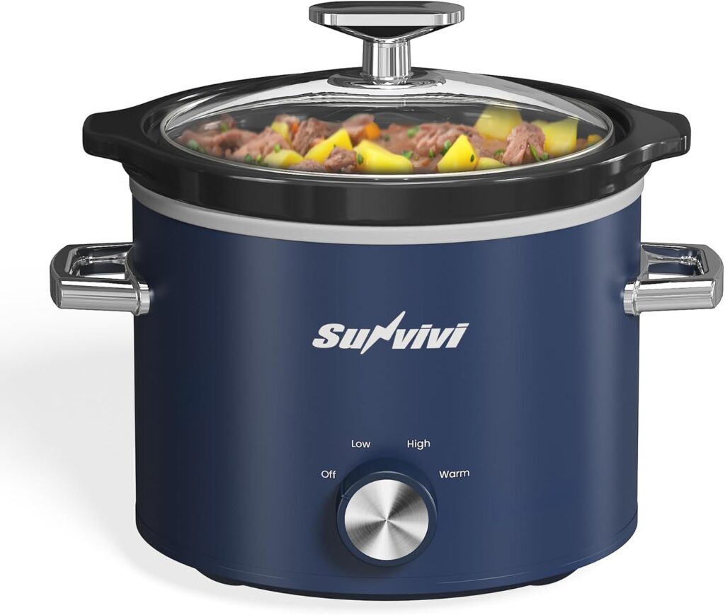 Sunvivipro 2QT Small Slow Cooker with Removable Ceramic Pot, Food Warmer with 3 Heating Settings & Dishwasher Safe Glass Lid, Blue
