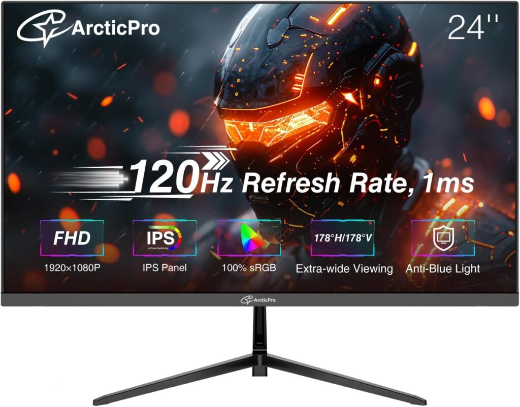 ArcticPro 24 inch Monitor 120Hz, FHD 1080p, Computer Monitor, IPS, 99% sRGB, Adaptive Sync, 1ms Response Time, 3-Sided Frameless, Ultra Slim, VESA Mountable, Anti-Blue Light Design, HDMI & VGA Ports