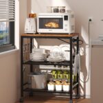 Kitchen Rolling Cart with Power Strip, 3 Tier Microwave Stand on Lockable Wheels, Small Utility Cart with Storage, Coffee bar&Tea Table, Organizer Shelves for Kitchen, Office, Living Room