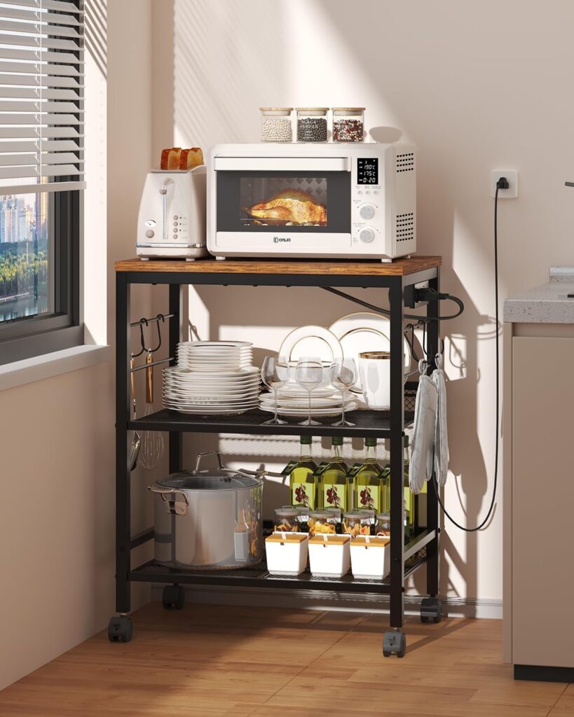 Kitchen Rolling Cart with Power Strip, 3 Tier Microwave Stand on Lockable Wheels, Small Utility Cart with Storage, Coffee bar&Tea Table, Organizer Shelves for Kitchen, Office, Living Room