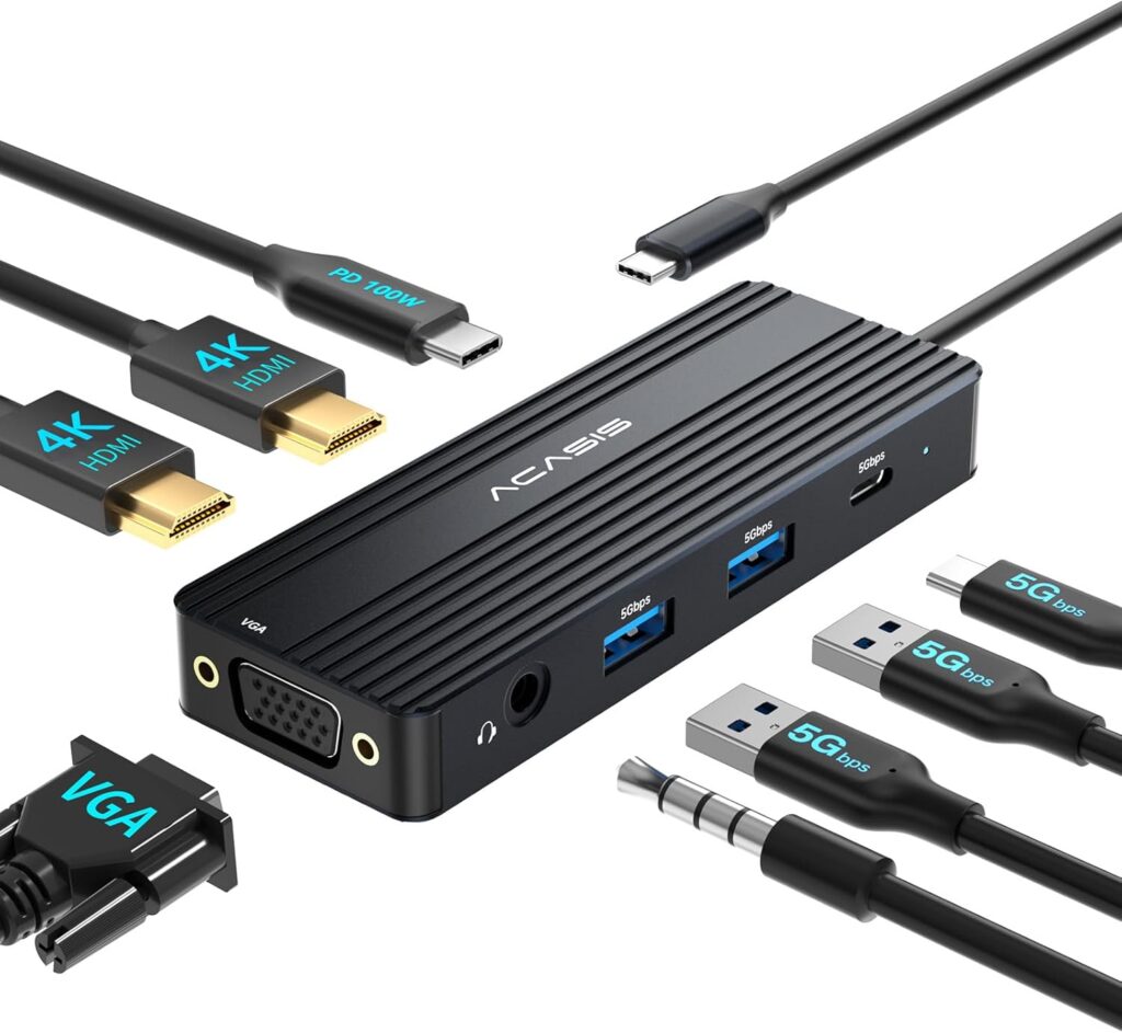 ACASIS USB C Docking Station Dual Monitors,8-in-1 Laptop Docking Station with Dual Monitor 2*HDMI +VGA +3 * 5G USB-A/C+3.5MM Audio+PD100W, Laptop Dock for Dell/HP/Lenovo ThinkPad(Black)
