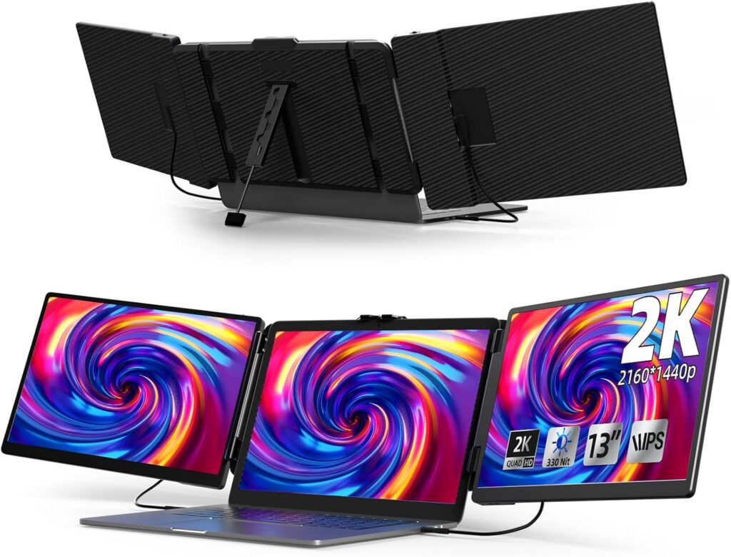2K Laptop Screen Extender – 13″ IPS 1440P Triple Screen Laptop Monitor Extender Plug & Play Multi Screen Attachment for 13″-17″ Laptops Compatible with Wins Mac Dex Chrome Travel Gaming Work