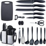 RAXCO Kitchen Utensils Set,18-Piece Cooking Tools and Sharp Knives,Stainless Steel Holder and Cutting Board
