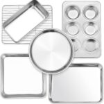 P&P CHEF 6-Piece Small Toaster Oven Pan Set, Stainless Steel Bakeware Set, Toaster Oven Tray with Rack, Square/Round Cake Pan, Loaf Pan & Muffin Pan, Non Toxic & Easy Clean