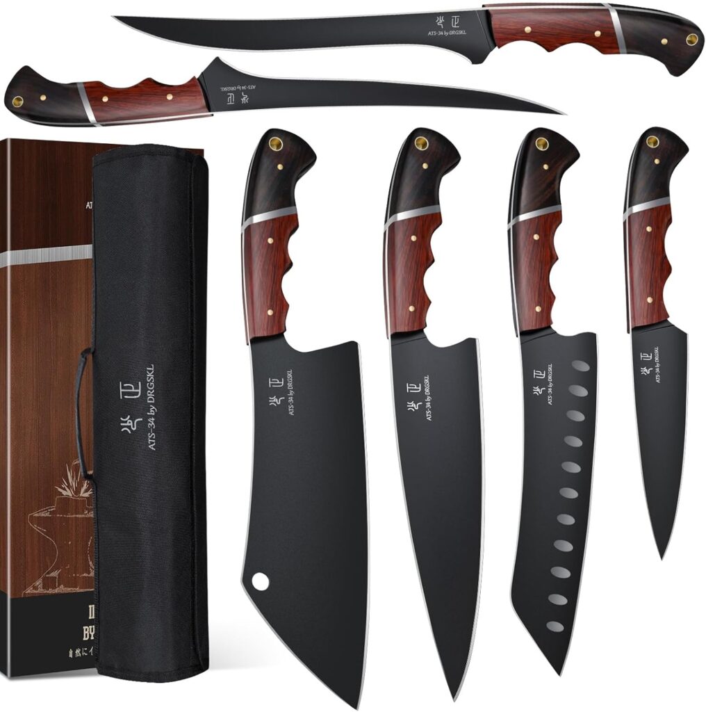 Kitchen Knife Set with Bag – 6 PCS Chef Knife Set – Cleaver, Boning, Fillet, Santoku, Kitchent Utility Knife, Chef Knife with Full Tang Wooden Handle, Butcher Knife Set for Men, Ideal Gift