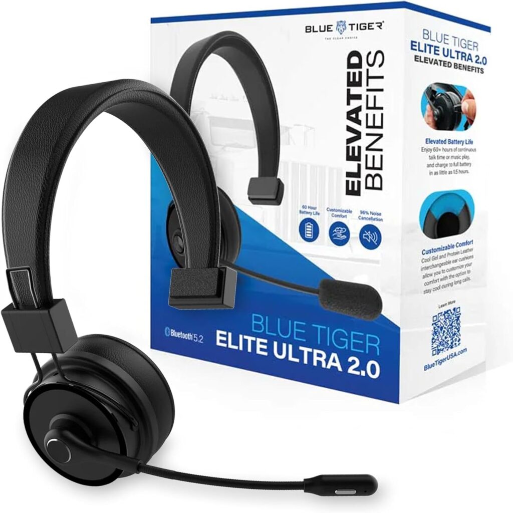 Blue Tiger Elite Ultra 2.0 Wireless Bluetooth Headset – One-Ear Piece Trucker Professional Headset – Bluetooth 5.2 with Microphone – 60 Hours Talk Time, 1200 Hours Standby