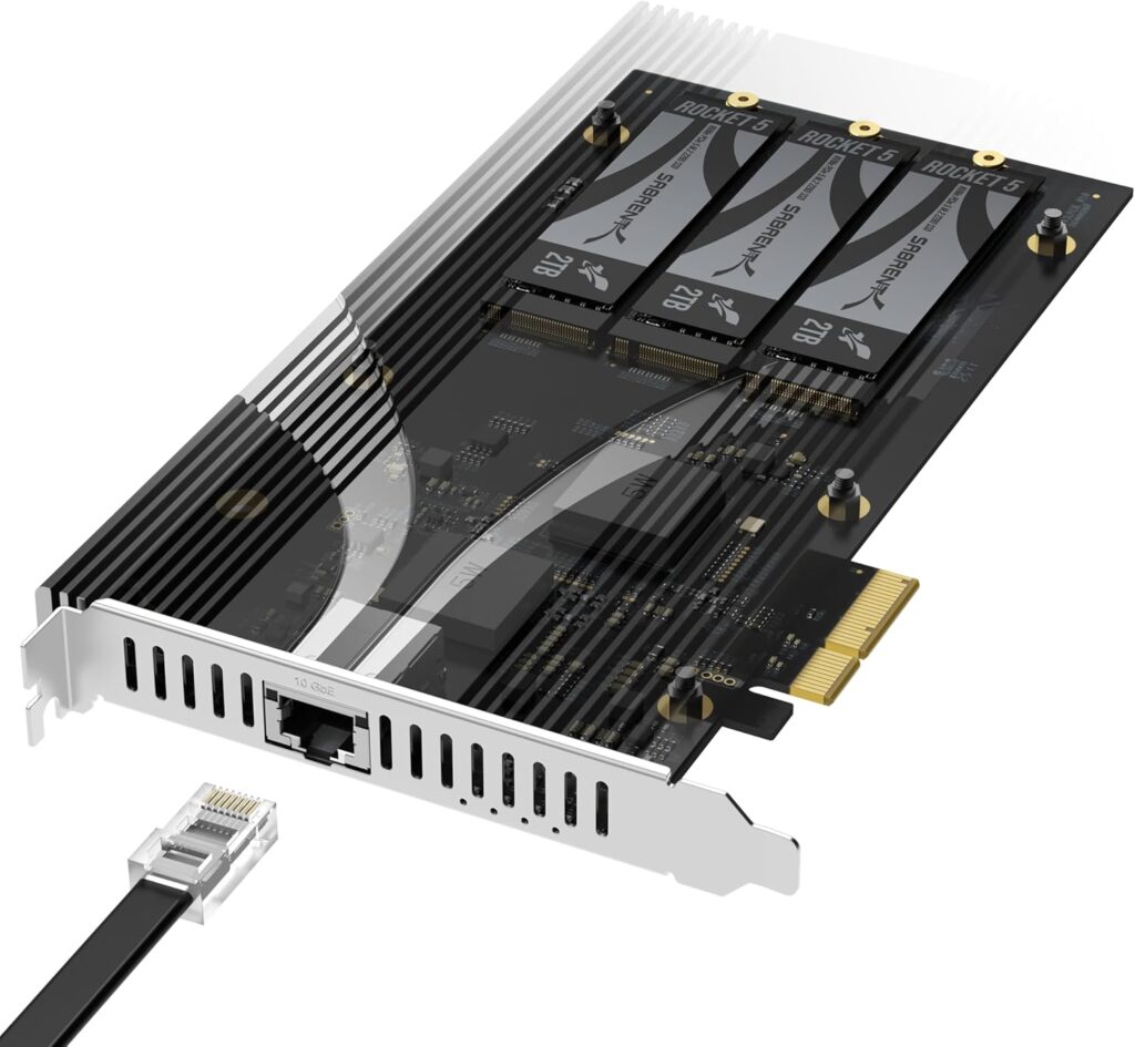 SABRENT PCIe 3.0 x4 Add-in Card with 10GbE and 3X M.2 NVMe SSD Slots, Tool-Free Aluminum Heatsink, Supports 2230/2242/2260/2280, No Bifurcation Required, NAS/Server/PC Compatible (EC-PM2L)