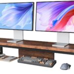Dual Monitor Stand Riser, Wood and Steel Monitor Riser, Long Computer Monitor Stands for 2 Monitors, Desk Shelf for Computer, Laptop, Printer, TV, Brown