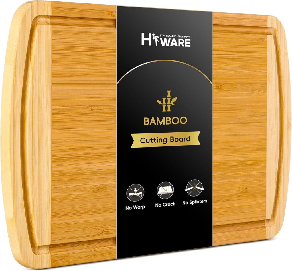 Large Wooden Cutting Board for Kitchen Meal Prep & Serving – Bamboo Cutting Boards with Juice Groove Side Handles, Charcuterie & Chopping Butcher Block – 100% Organic Bamboo, Pre Oiled, 16″ x 10″
