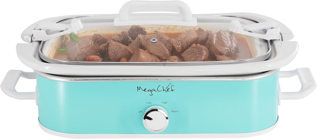 MegaChef 3.5 Quart Rectangle Casserole Slow Cooker with 3 Temperature Settings, Carry Handles and Locking Tempered Glass Lid (Turquoise)