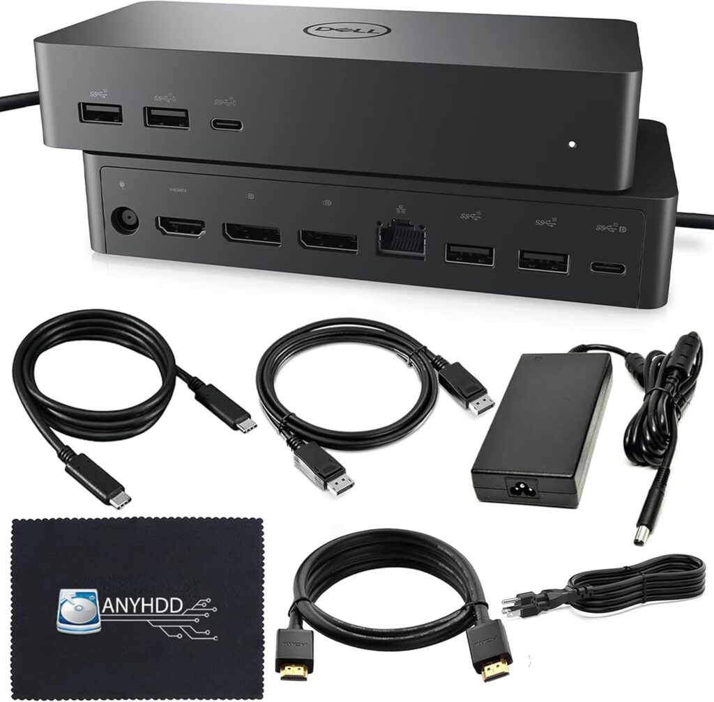 UD22 Dell Docking Station Dual Monitor Bundle – USB-C/USB-A Universal Dell Dock for Laptops with 130W Adapter, HDMI, DisplayPort, USB-C Cables – Supports Dual/Triple/4 Monitors & 4K Display
