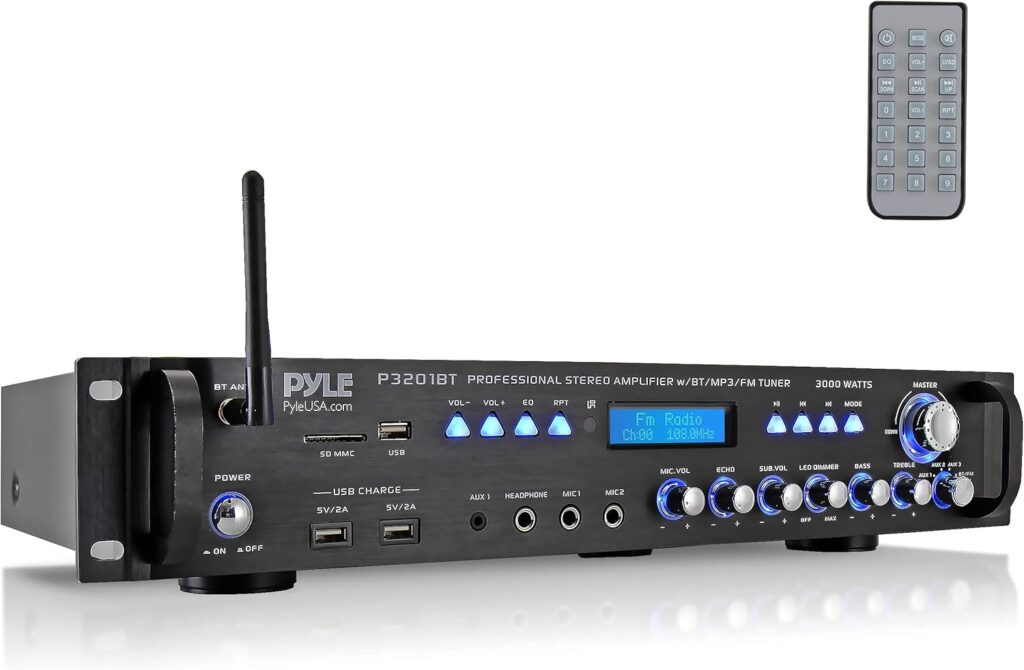 Pyle Multi Channel Bluetooth Preamplifier Receiver – 3000 Watt Audio Home Speaker Sound Stereo w/Radio, USB, Headphone, AUX, RCA, Dual Microphone w/Echo, LED, Wireless Streaming – P3201BT