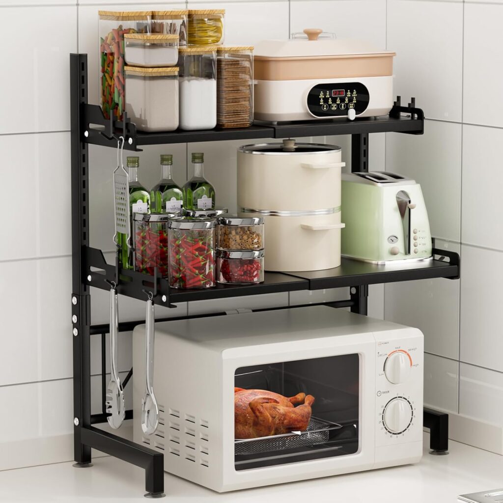 Extendable Microwave Oven Rack, 3-Tier Adjustable Microwave Shelf with 8 Hooks, 14.2 ”- 24.4 ” L Microwave Stand Countertop, Kitchen Over Microwave Shelf with Suction Cup Foot, Microwave Rack Black