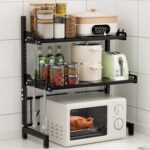 Extendable Microwave Oven Rack, 3-Tier Adjustable Microwave Shelf with 8 Hooks, 14.2 ”- 24.4 ” L Microwave Stand Countertop, Kitchen Over Microwave Shelf with Suction Cup Foot, Microwave Rack Black