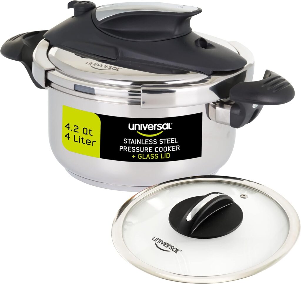 Universal (4.2 Quart / 4 Liter) Small Stainless Steel Easy Use Pressure Cooker + Extra Glass Lid, 5 Servings, Induction Compatible, Multipurpose Pot & Pressure Cooker