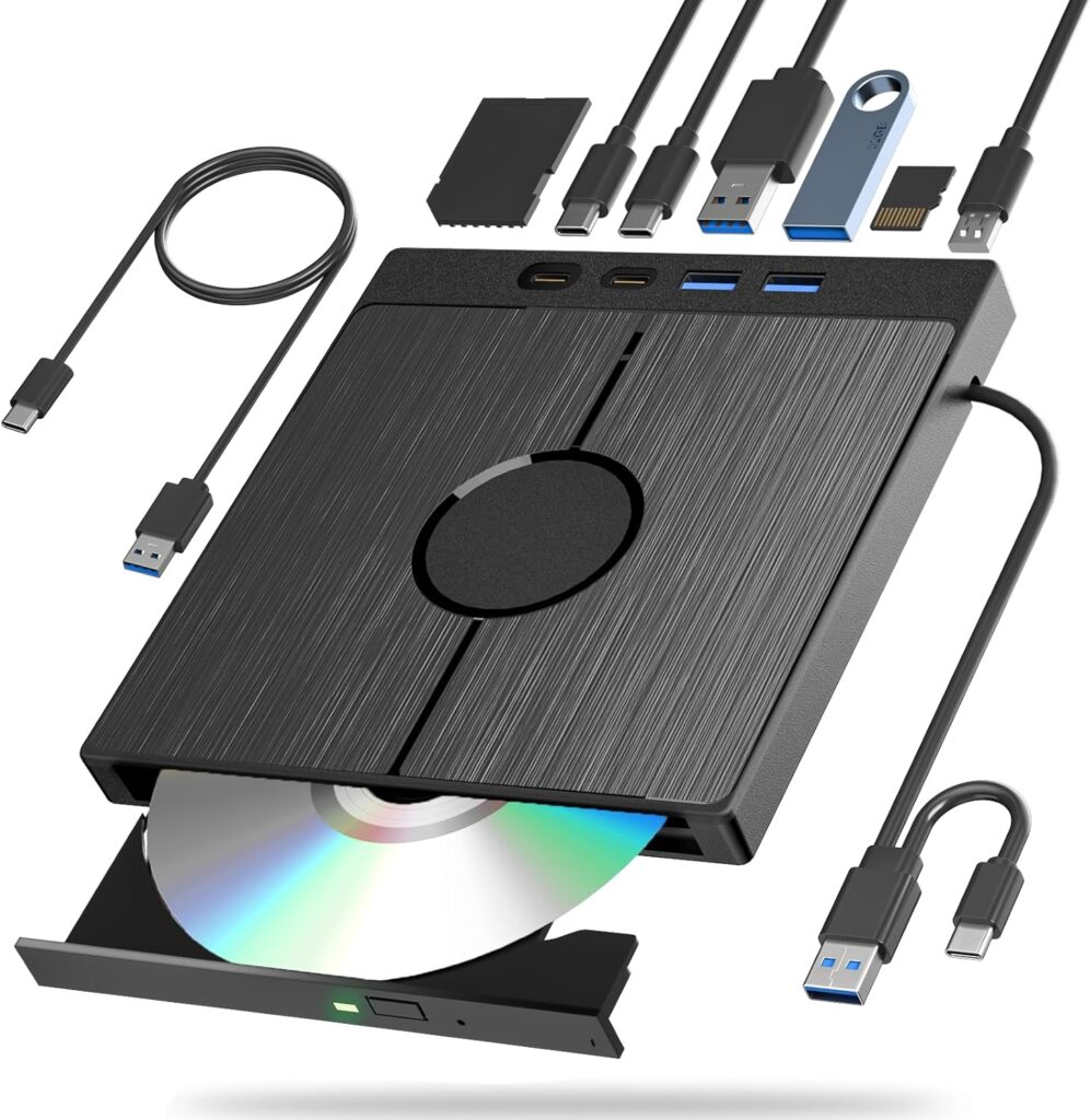 External Blu Ray Drive 7in1, Portable Blueray/DVD Drive for PC with USB 3.0/Type-C/SD/TF Card Ports, Support 100G Disc USB Blu Ray Drive External, Blu Ray Burner for Windows XP/7/8/10/11 Mac Laptop