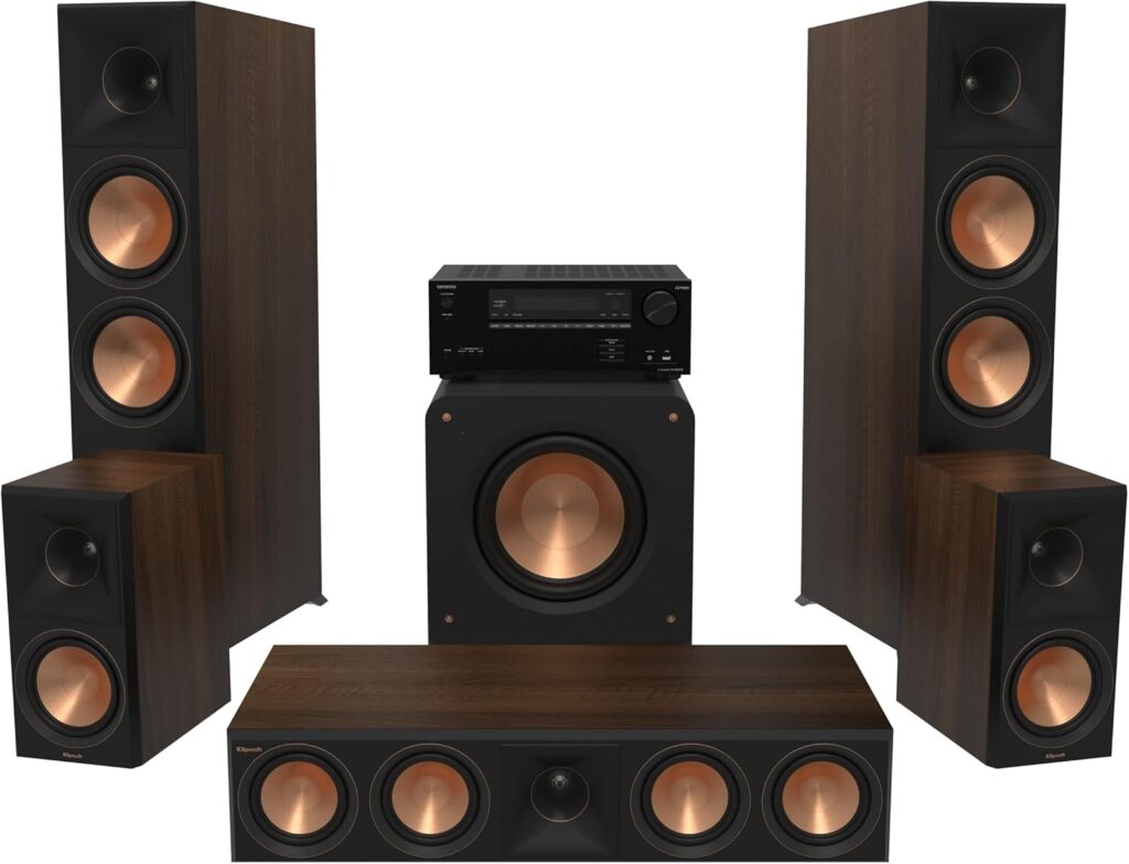 Klipsch Reference Premiere RP-8060FA II 5.1.2 Home Theater System with 8” Cerametallic Woofers in Walnut with Onkyo TX-NR6100 7.2 Channel THX Certified Network AV Receiver