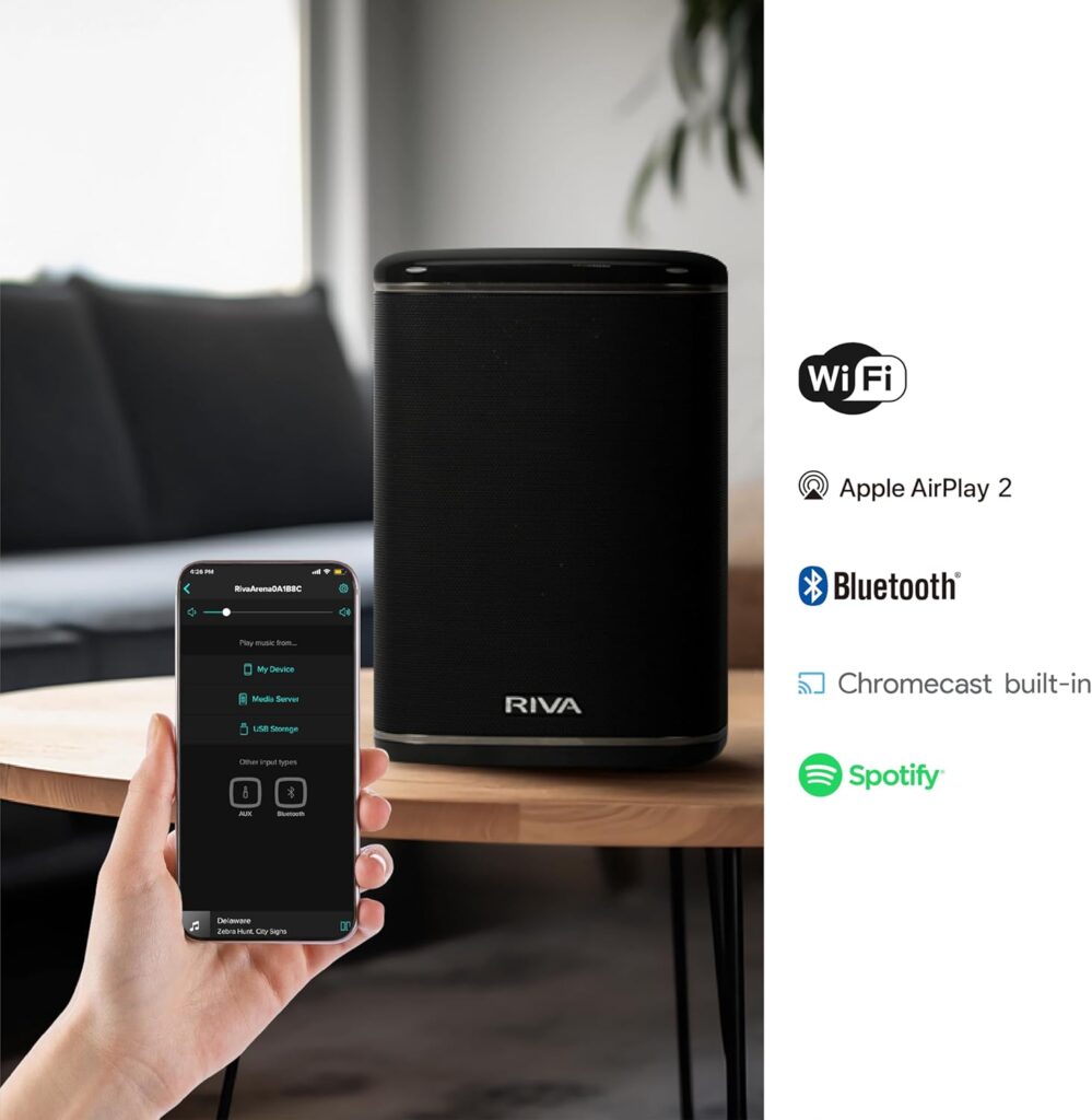 RIVA Upgraded Arena Wi-Fi Bluetooth Hi-Fi Speaker, 6 Drivers, 50W, Multiroom Music System, Supports Airplay 2, Chromecast, Spotify, Tidal and More Streaming (Black)