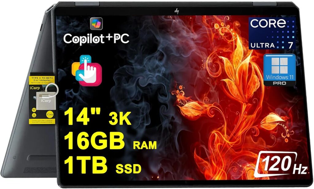 HP OmniBook Ultra Flip 2-in-1 Laptop 14″ 3k OLED Touch Intel 8-core Ultra 7 Series 2 256V (Up to 47 Tops) 16GB RAM 1TB SSD for Creator Designer Business Professional Win11Pro ICP Hub/Copilot+ AI PC