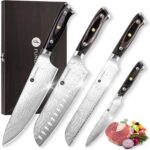 4 Pieces Professional Kitchen Knife Set, Damascus German Stainless Steel Chef Knife Set With Wooden Box, 8″ Chef Knife, 5″ Utility Knife, 8″ Bread Knife, 7″ Santoku Knife, Gift for Men Women Christmas