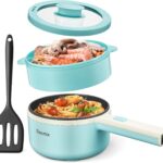 Hot Pot Electric With Steamer, 1.6L Ramen Cooker Non-Stick Sauté Pan for Steak, Egg, Fried Rice, Ramen, Oatmeal, Soup, Portable Personal Perfect Suit Dorm Room and Apartment (Aqua)