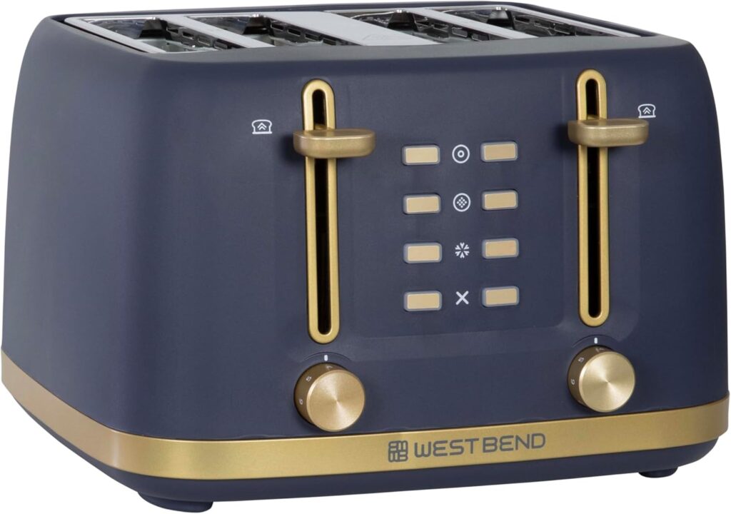 West Bend Timeless 4-Slice Toaster with 7 Browning Levels, Bagel/Waffle/Defrost Settings, High-Lift Lever, Anti-Jam, Easy-Clean Crumb Tray, 4-Slice, Blue/Gold