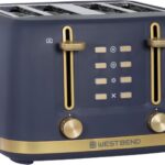 West Bend Timeless 4-Slice Toaster with 7 Browning Levels, Bagel/Waffle/Defrost Settings, High-Lift Lever, Anti-Jam, Easy-Clean Crumb Tray, 4-Slice, Blue/Gold